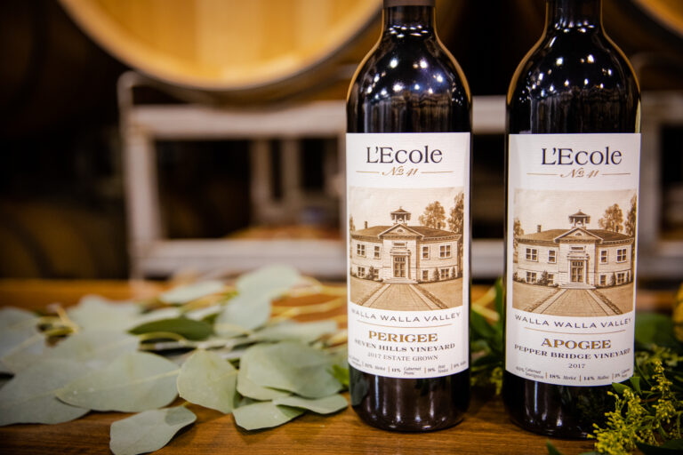 two bottles of wine next to green leaves set on a table