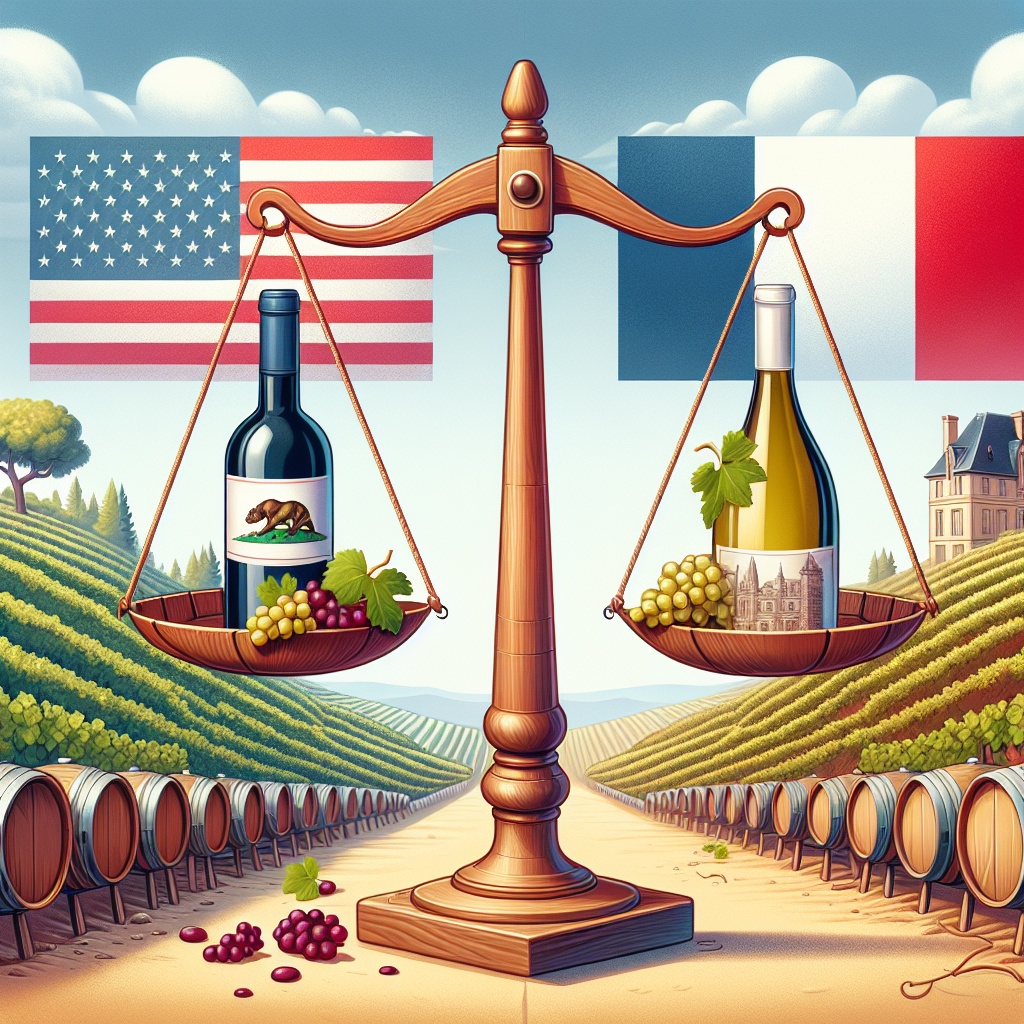 illustration with an american flag and Napa wine bottle on one side of a scale and a French flag and French wine bottle on the other