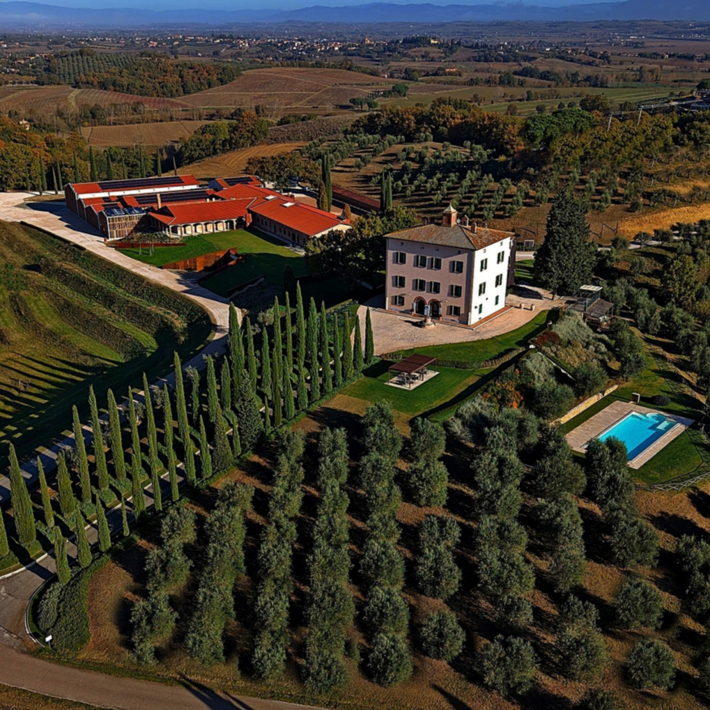 drone shot of wine estate